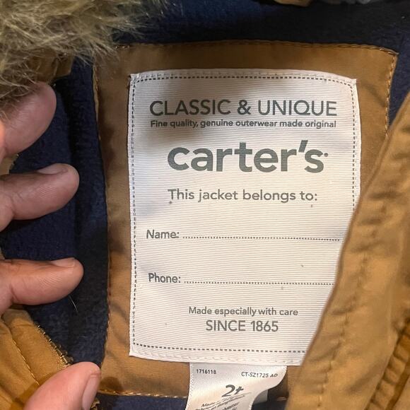 Carters Boy 2T Medium Weight Parka Brown Pocket Hooded fur Jacket Winter Cozy - Picture 4 of 7